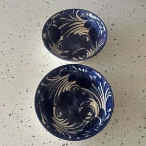 Talavera Set of Two Blue and White Ceramic Bowls Hand-Painted Made in Mexico New